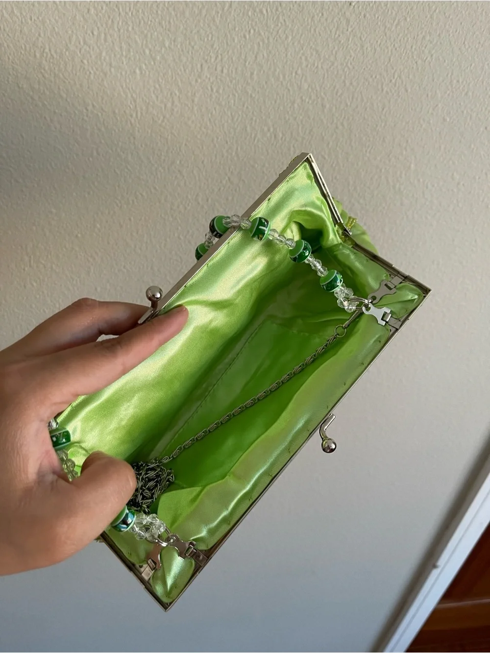 Embroidered Beaded Handle Green Evening Clutch
